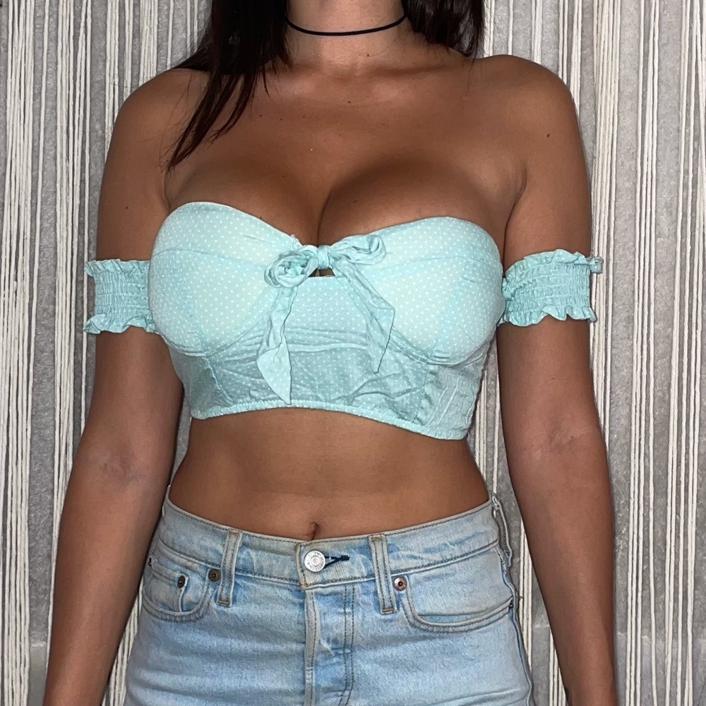 Cropped Off The Shoulder Mint Polka Dot Shirt